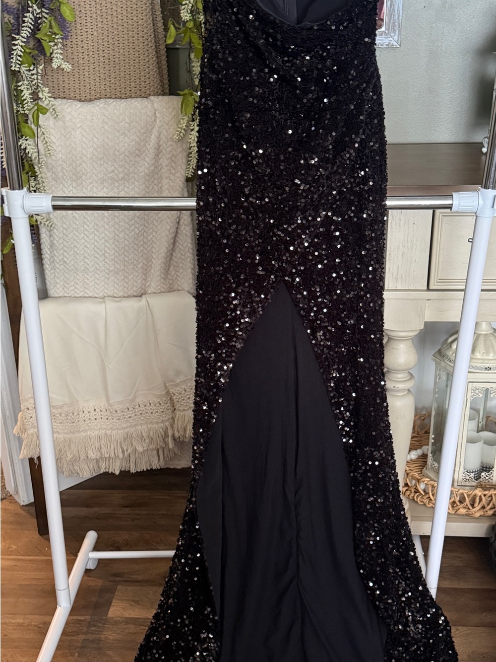Fashion Nova Black Sequin Mermaid Gown Size Medium Front Slit Formal Prom Dress